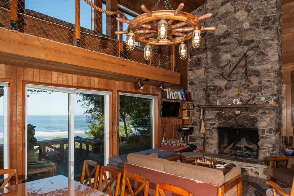 Ocean-view living room with fireplace