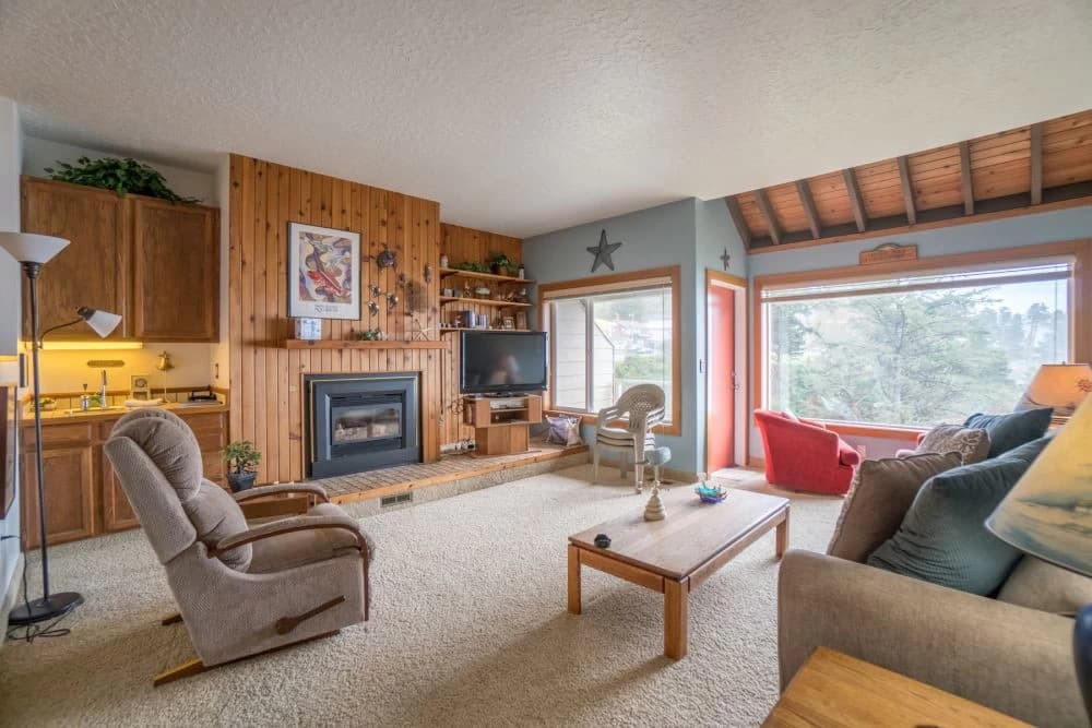 Spacious wood-paneled living room