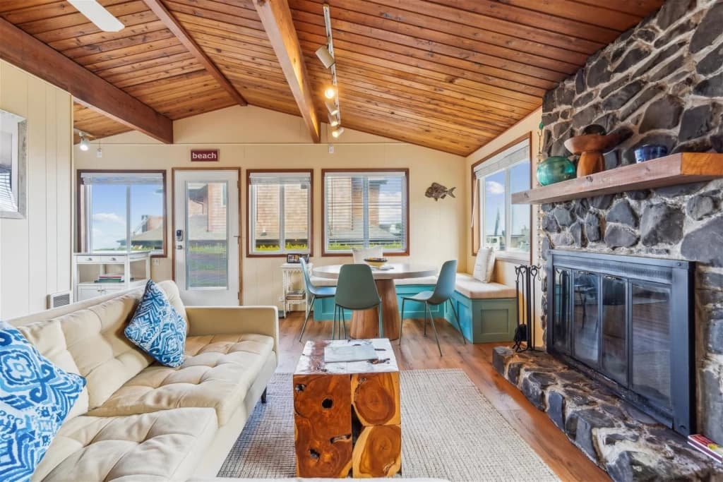 Beachfront living room with fireplace