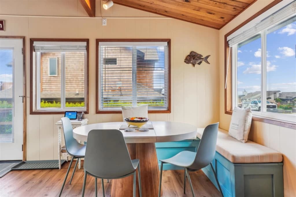 Coastal dining room with bay views