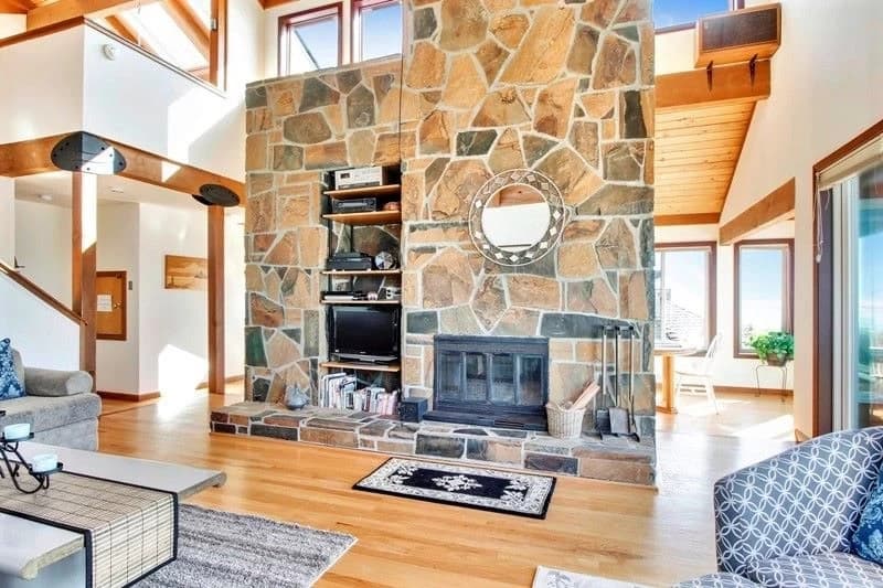 Stone fireplace living room