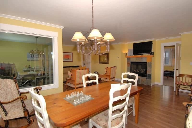 Dining room with fireplace view