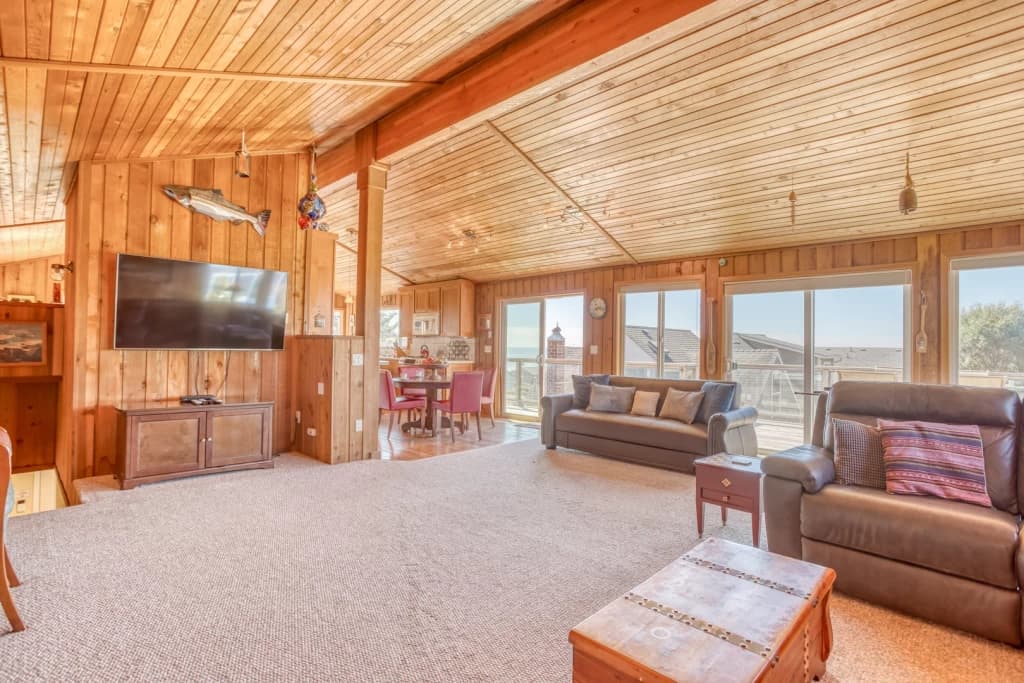 Spacious wood-paneled living room
