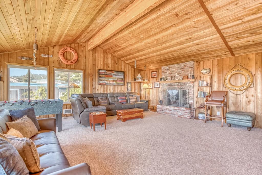 Spacious wood-paneled recreation room