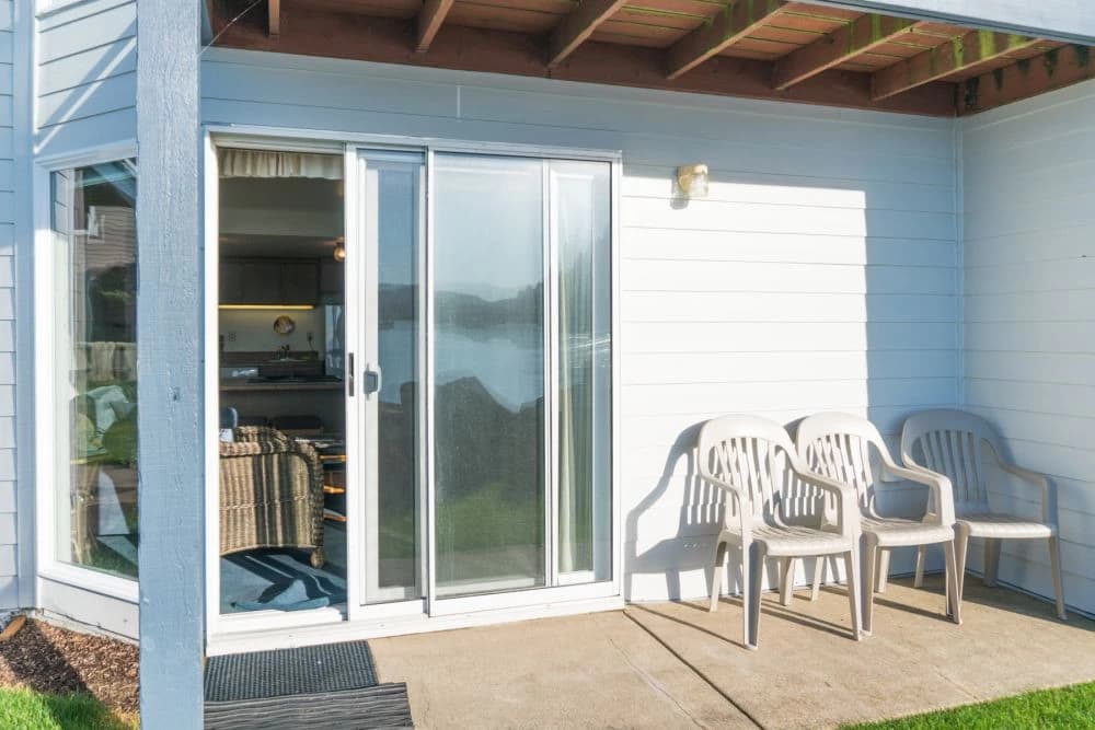 Covered patio with lake view