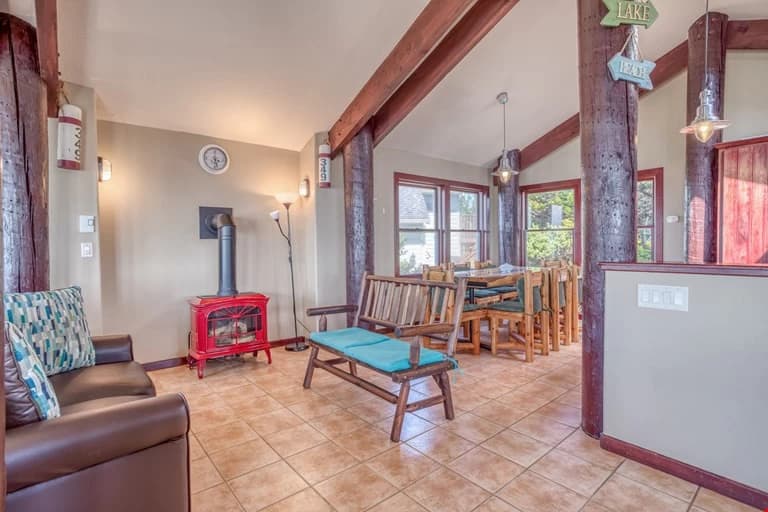 Cabin living room with wood stove