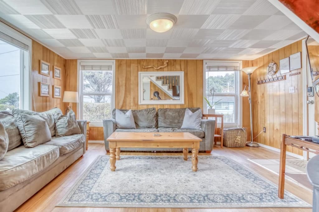 Wood-paneled living room