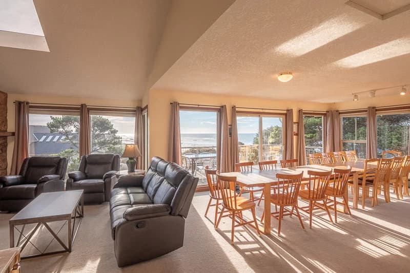 Oceanview great room with deck