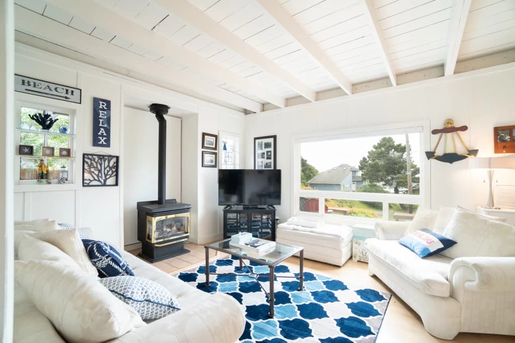 Coastal living room with fireplace