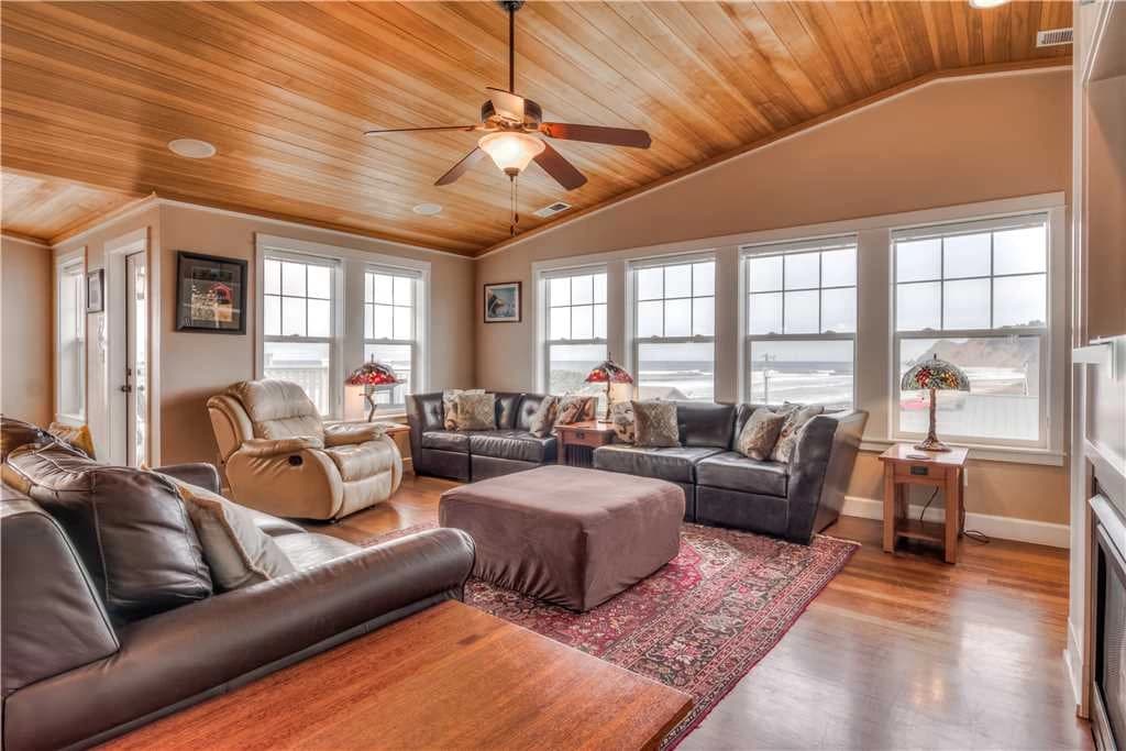 Waterfront living room with views