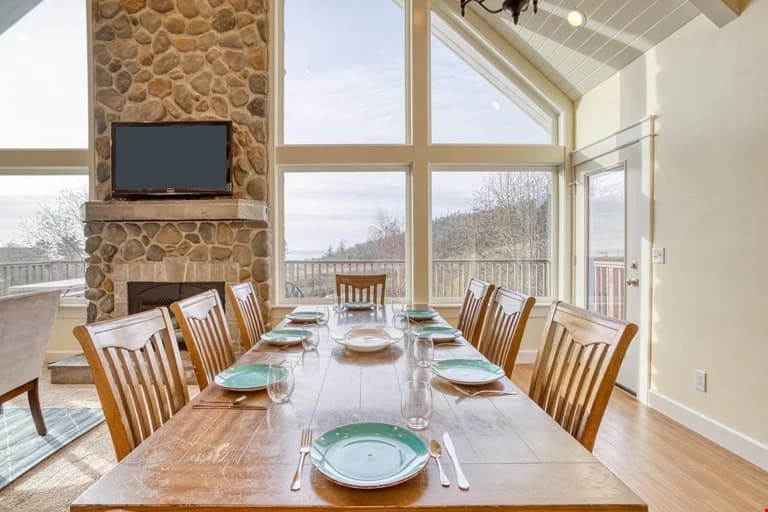 Dining room with fireplace view