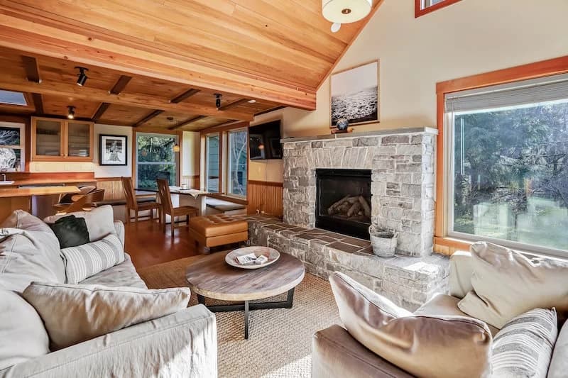 Fireplace living room with forest views