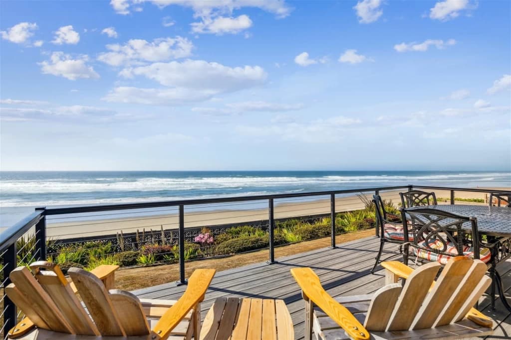 Oceanfront deck with lounge chairs
