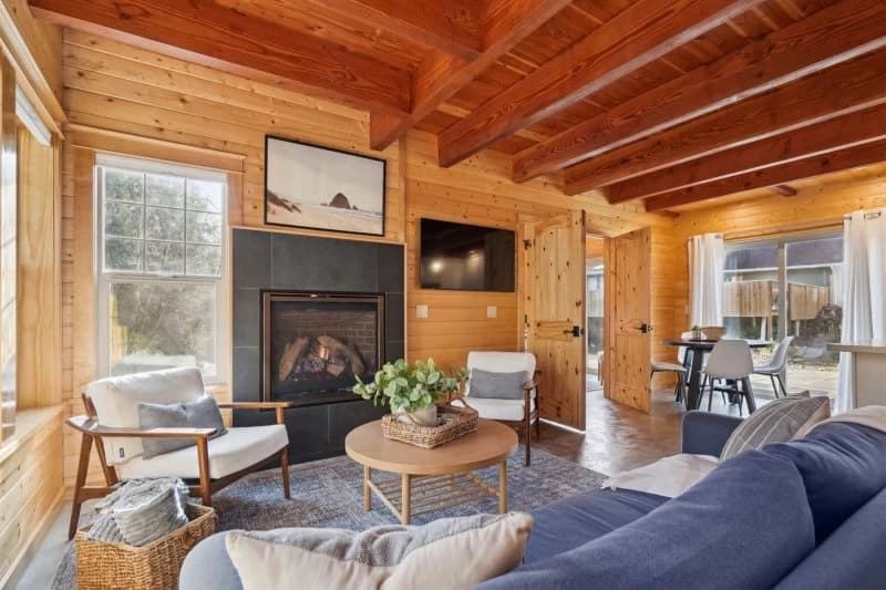 Cozy cabin living room with fireplace