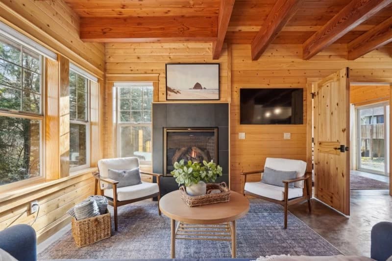 Cozy wood cabin living room