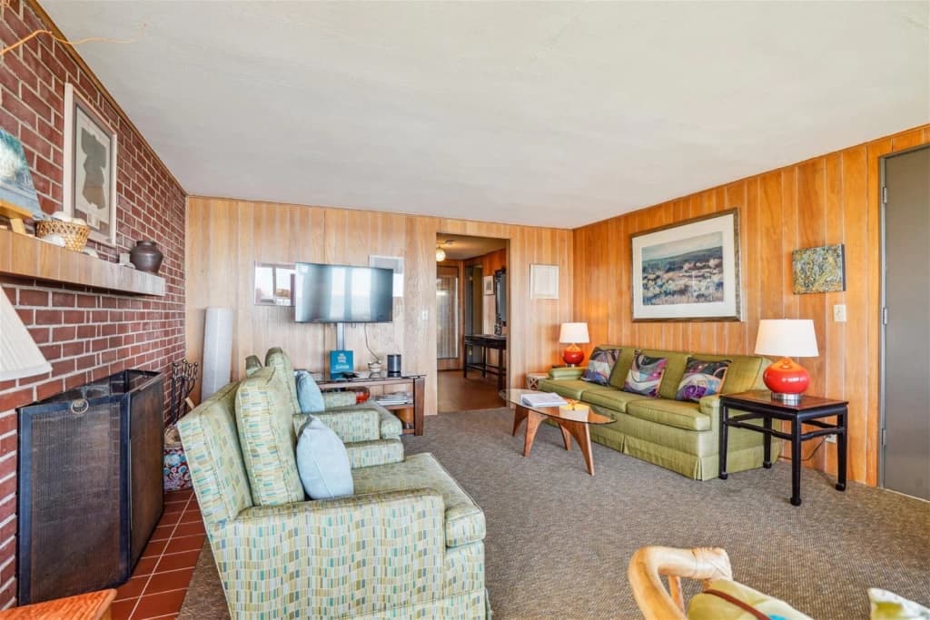 Wood-paneled living room