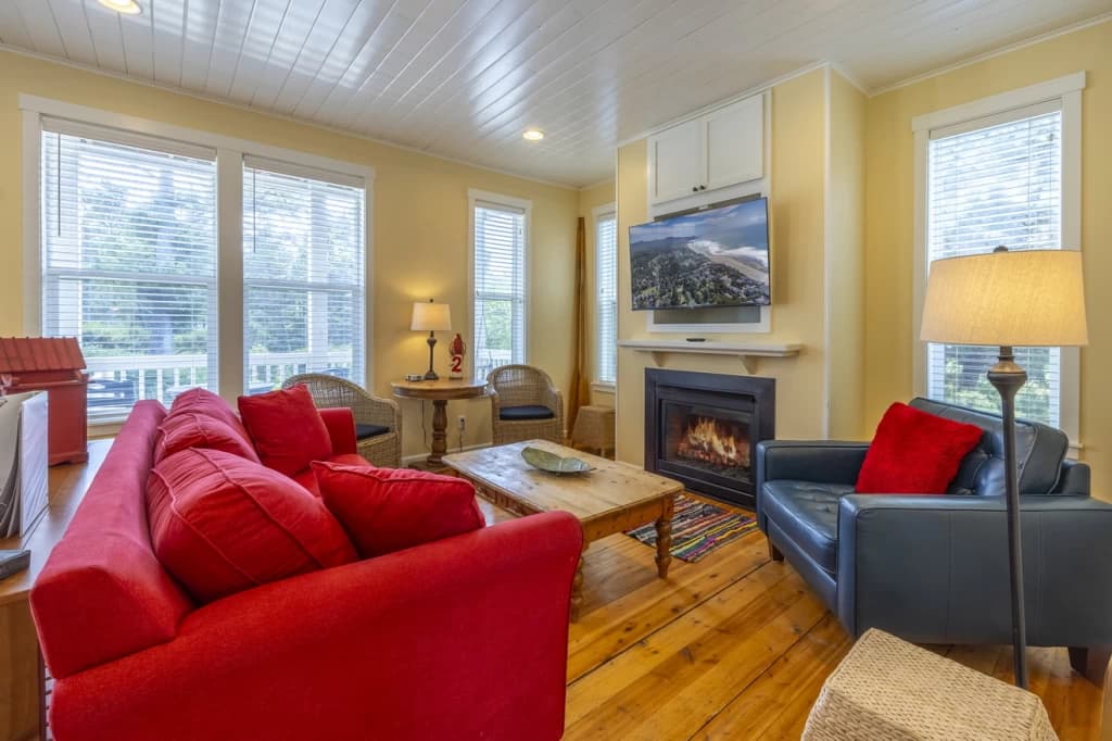 Sunny living room with fireplace