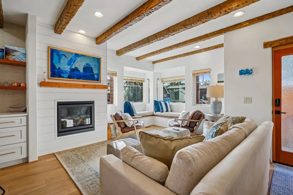 Coastal living room with fireplace